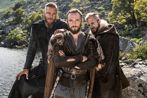 Ragnar Lothbrok (Travis Fimmel), Athelstan (George Blagden) and Floki (Gustaf Skarsgard) star in Episode 6 (entitled Born Again) Season 3 of History Channel's Vikings